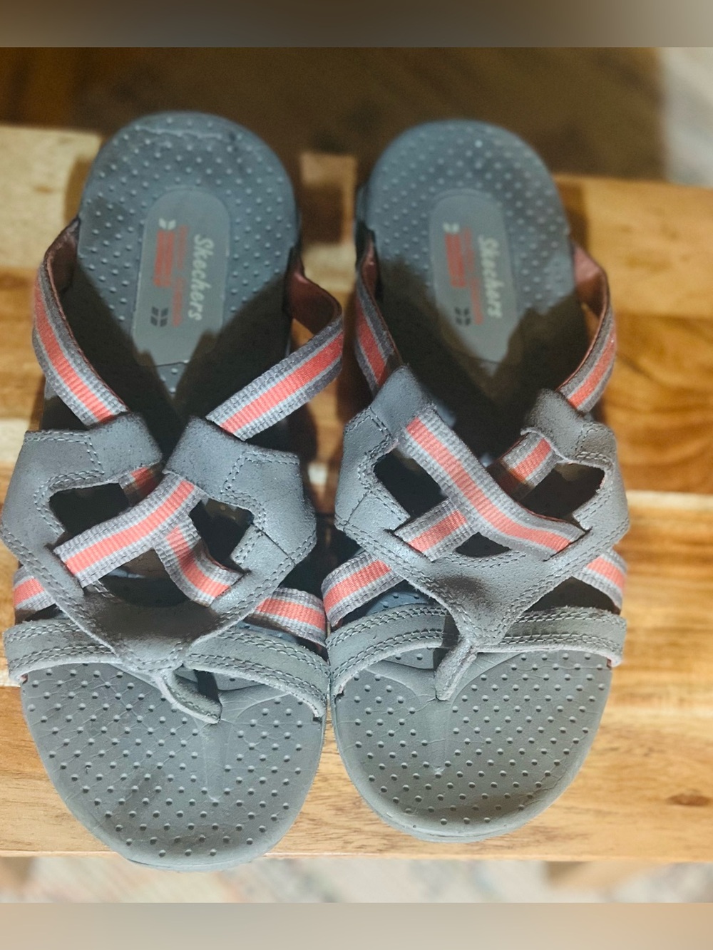 Skechers Women's Gray Sandals with Pink Striped Elastic Straps